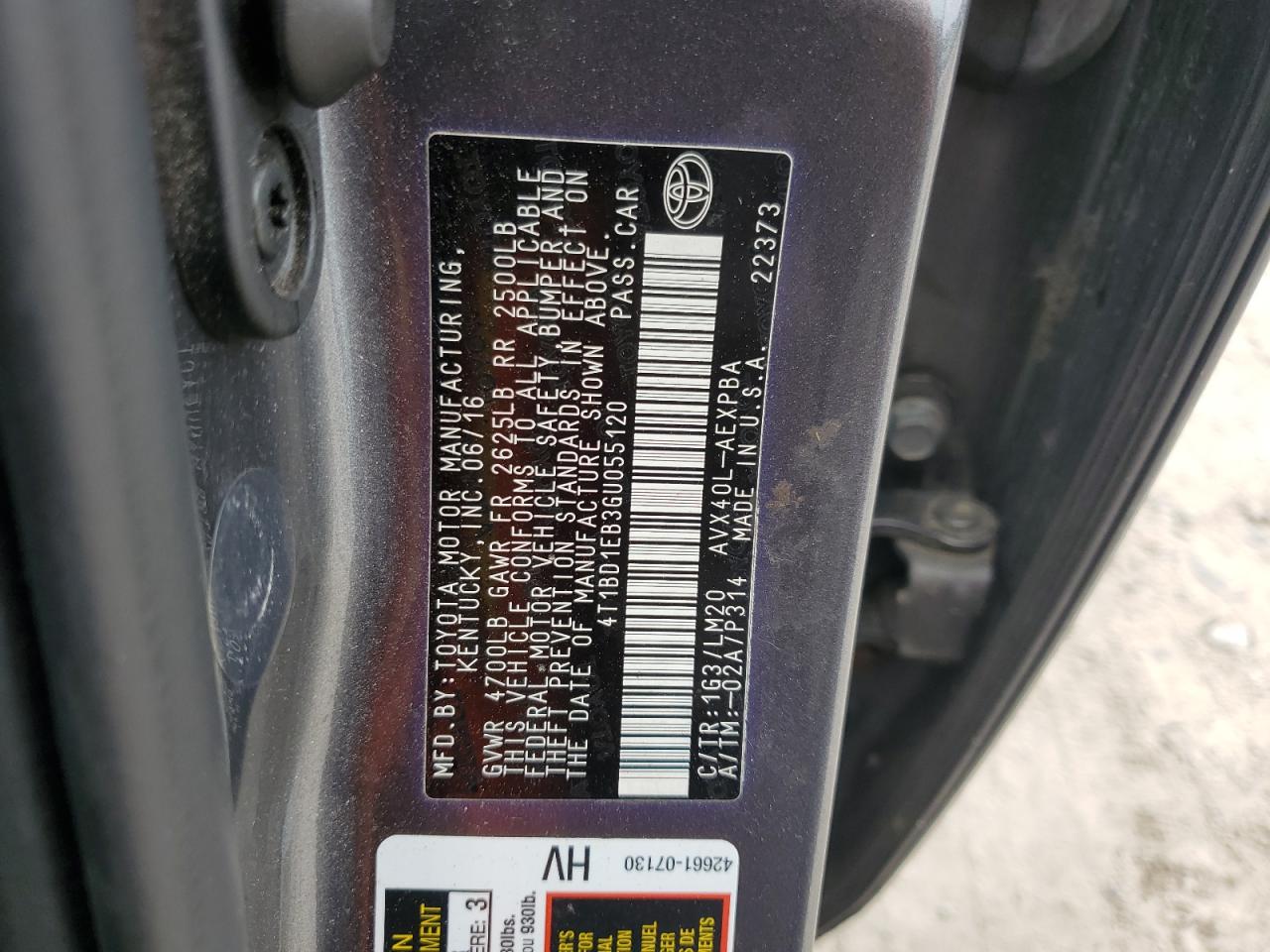 2016 Toyota Avalon Hybrid VIN: 4T1BD1EB3GU055120 Lot: 64429815
