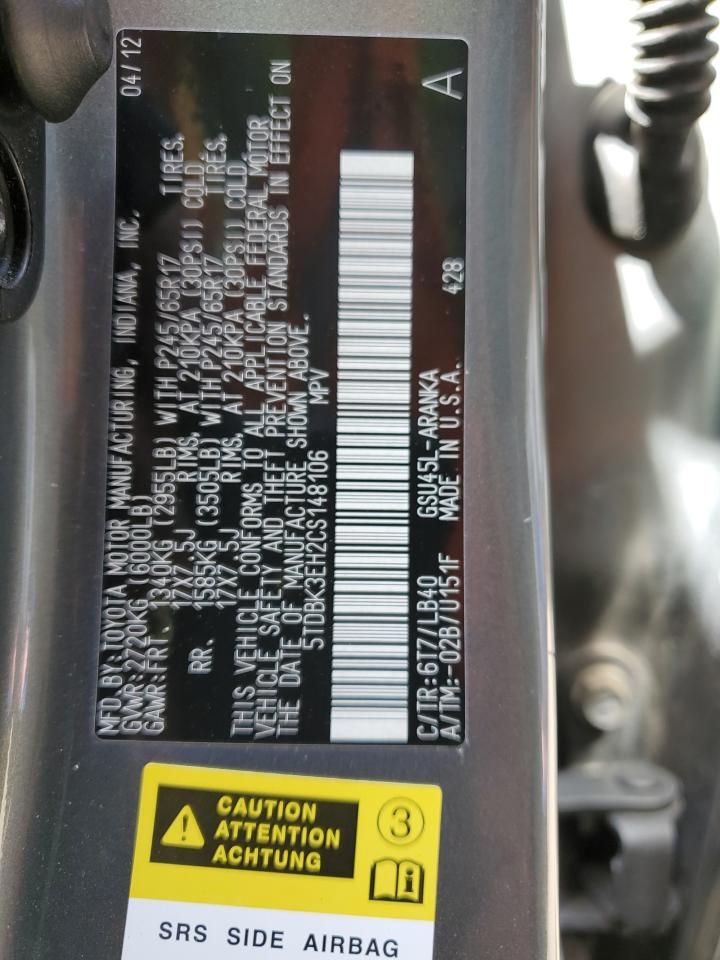 2012 Toyota Highlander Base VIN: 5TDBK3EH2CS148106 Lot: 65605495