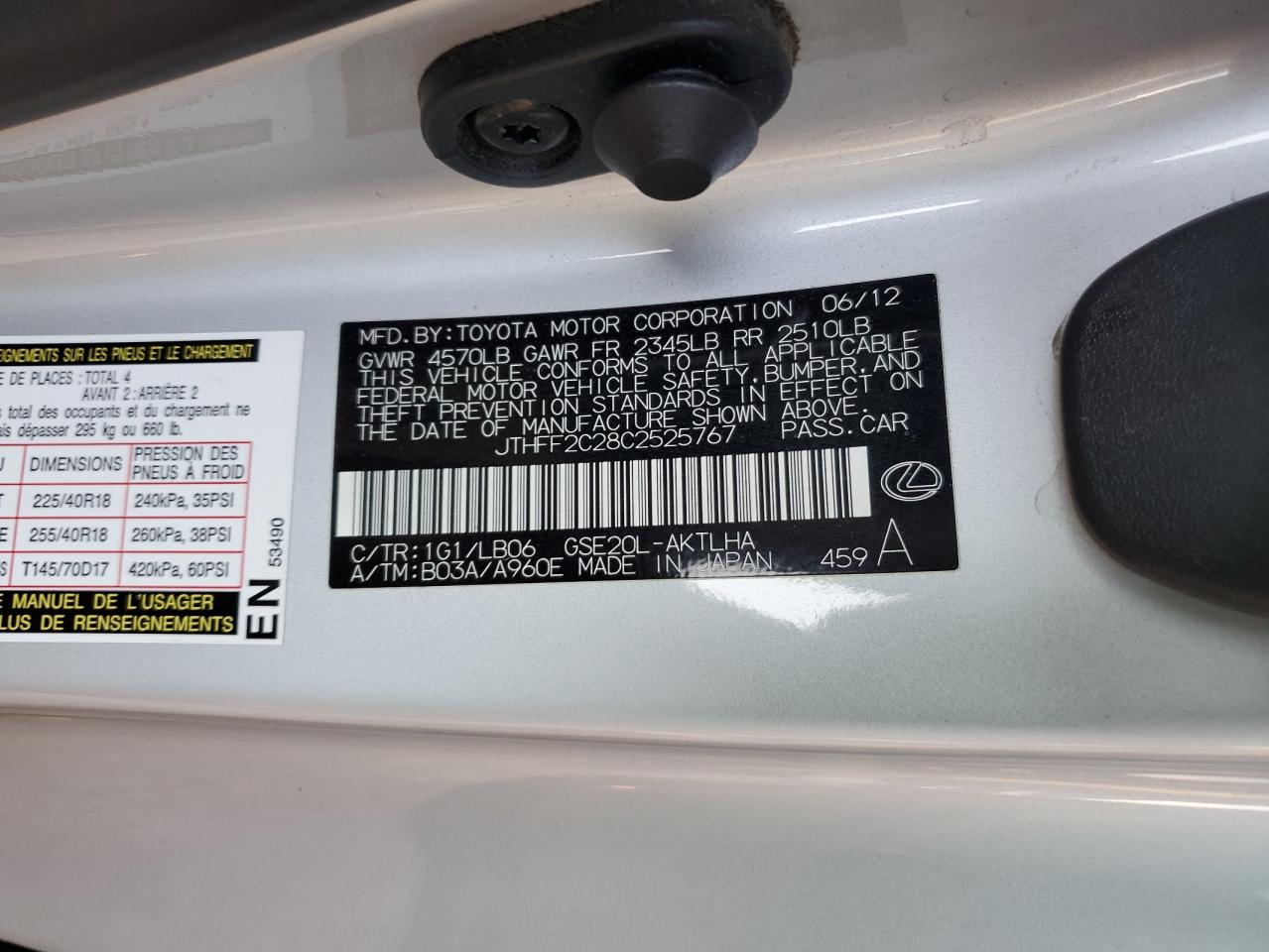 2012 Lexus Is 250 VIN: JTHFF2C28C2525767 Lot: 61878825