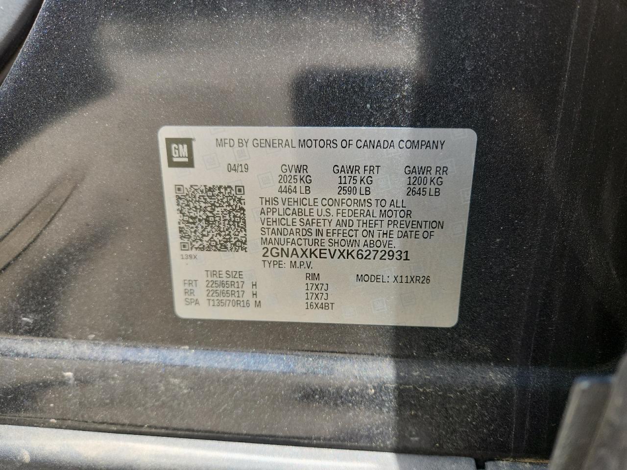 2019 Chevrolet Equinox Lt VIN: 2GNAXKEVXK6272931 Lot: 65033595