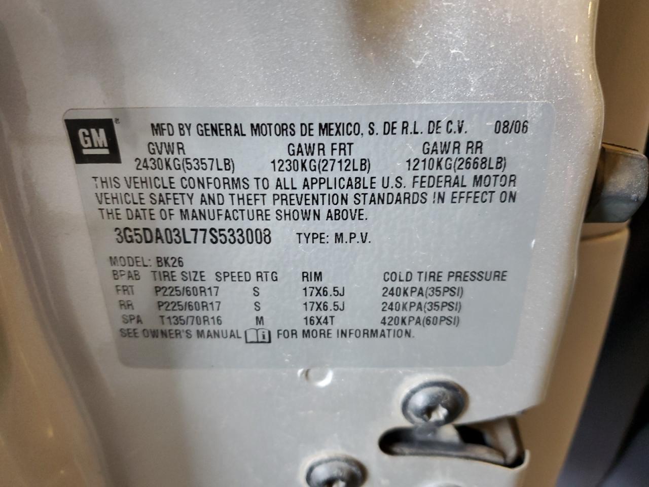 2007 Buick Rendezvous Cx VIN: 3G5DA03L77S533008 Lot: 64272625