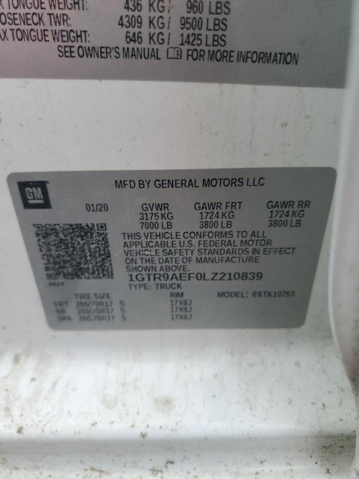 2020 GMC Sierra K1500 VIN: 1GTR9AEF0LZ210839 Lot: 62633635