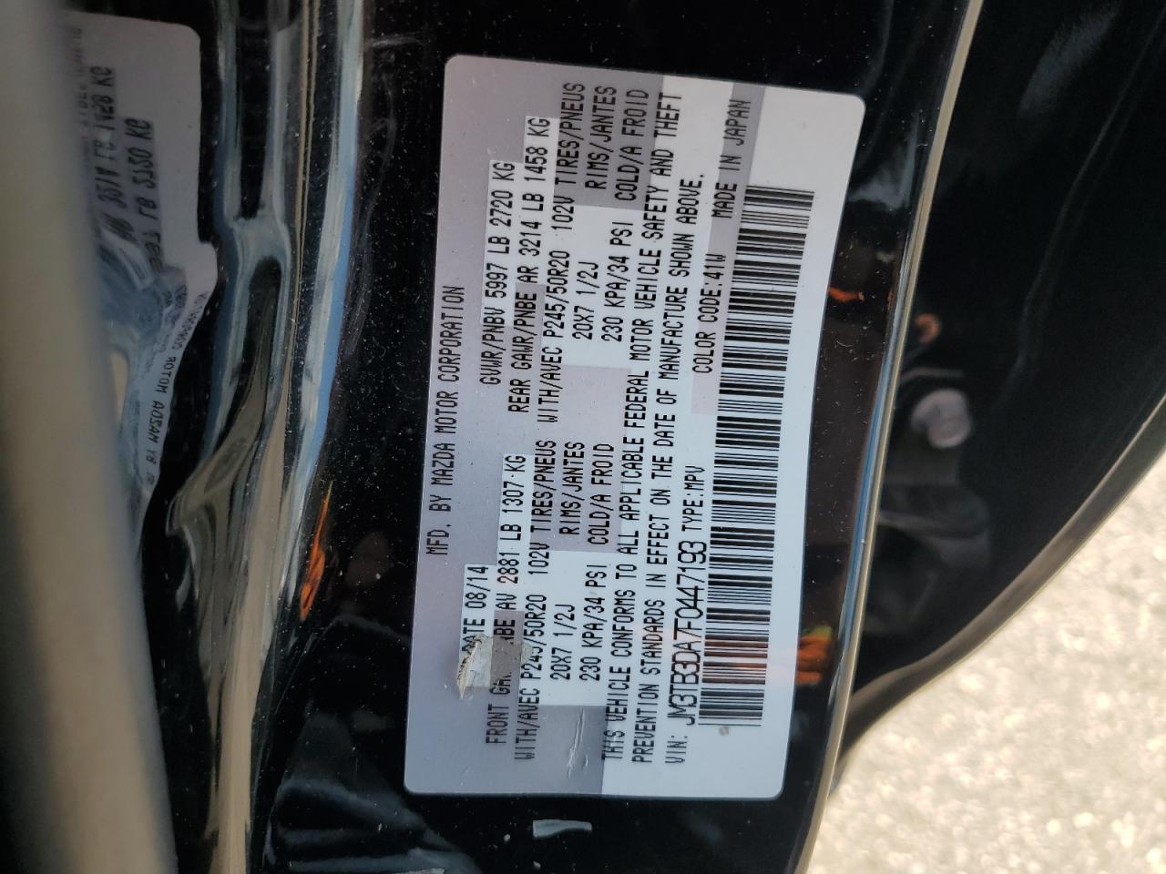 2015 Mazda Cx-9 Grand Touring VIN: JM3TB3DA7F0447193 Lot: 63762665