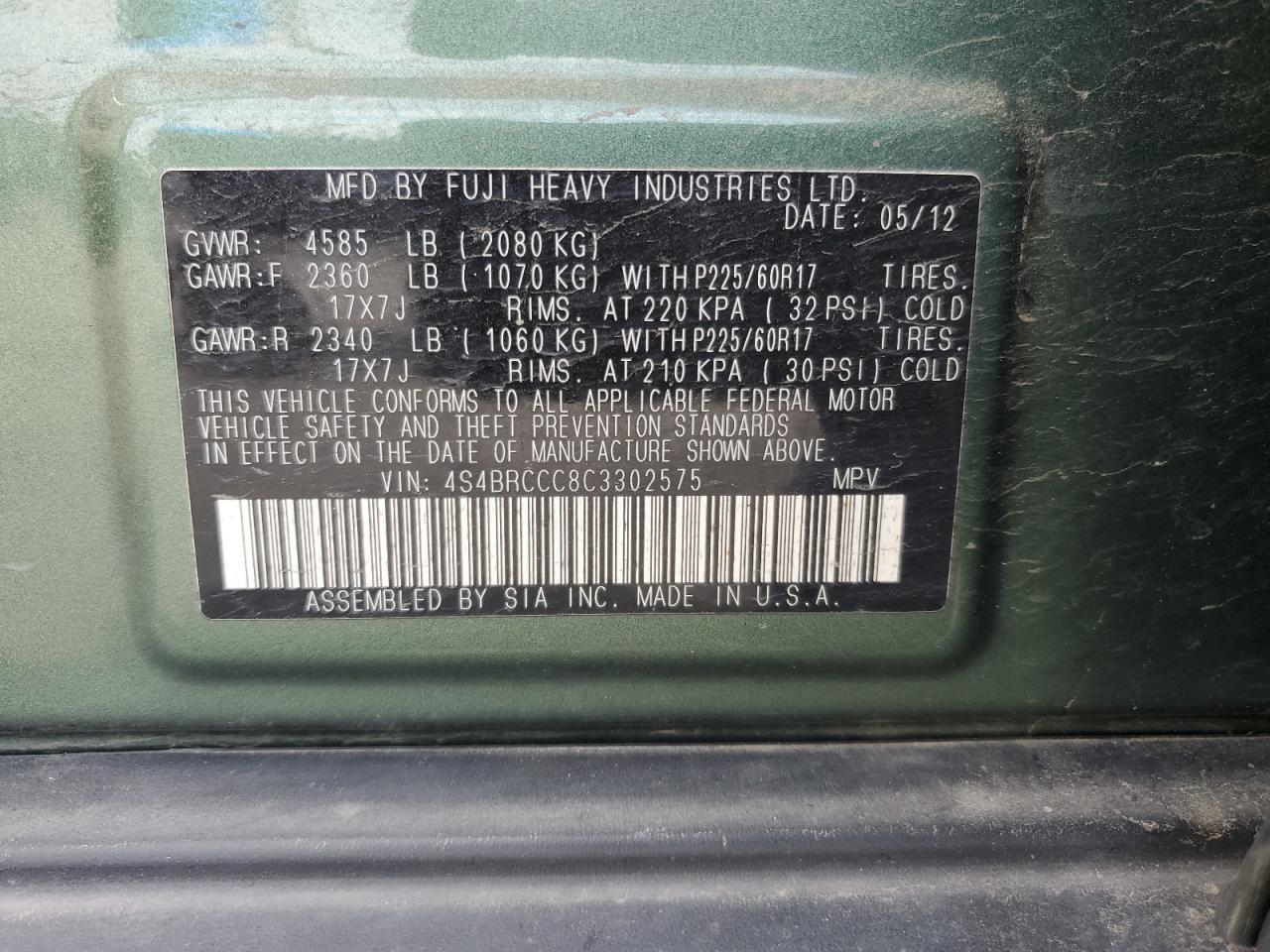 2012 Subaru Outback 2.5I Premium VIN: 4S4BRCCC8C3302575 Lot: 66653965