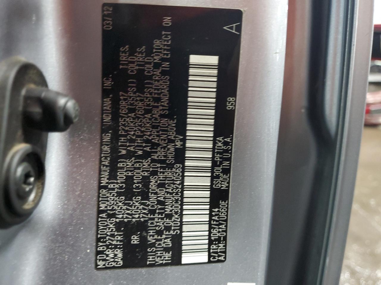 2012 Toyota Sienna VIN: 5TDZK3DC3CS240569 Lot: 63664415