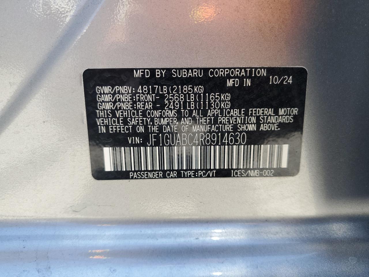 2024 Subaru Impreza VIN: JF1GUABC4R8914630 Lot: 64881675