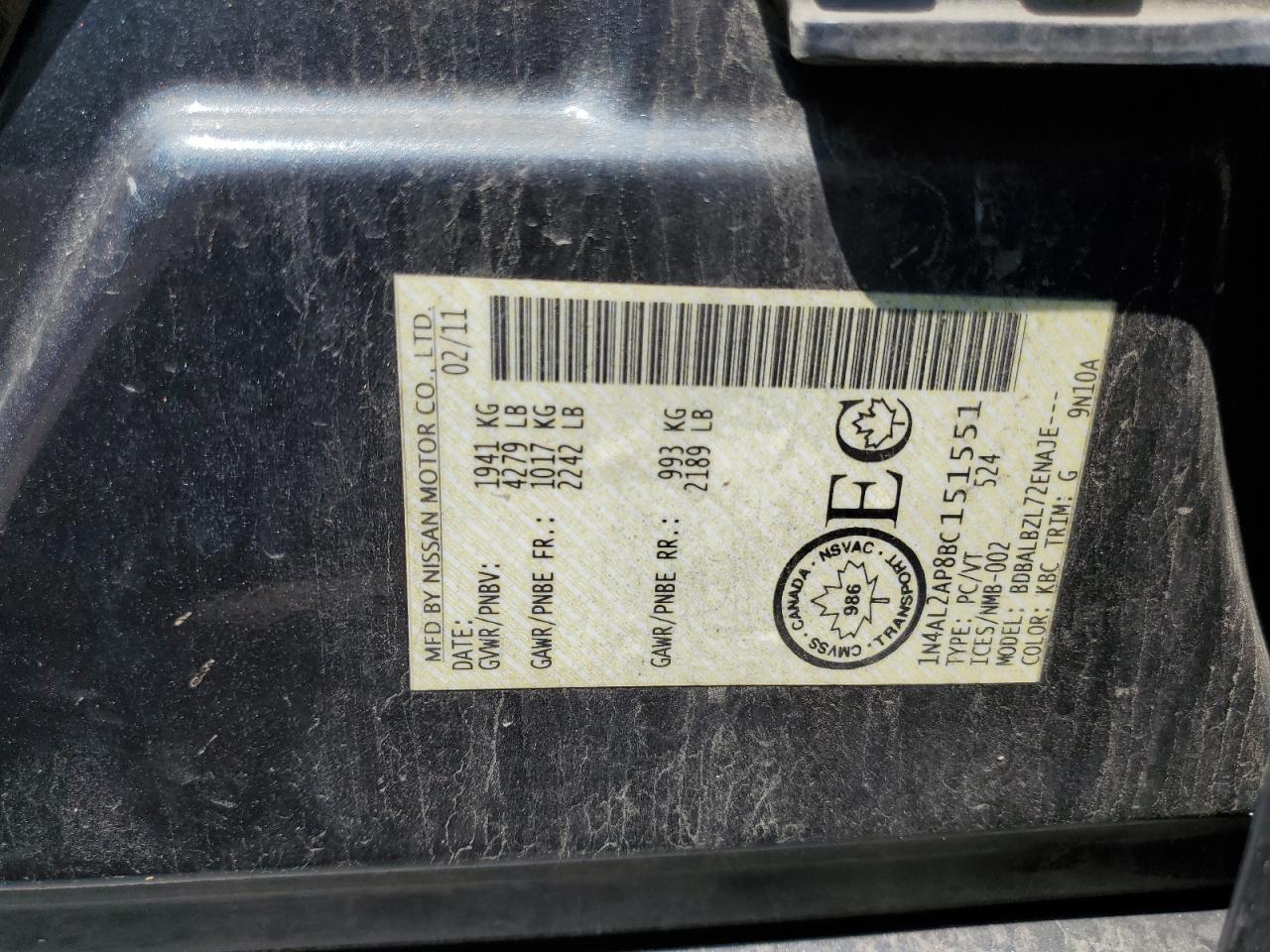 2011 Nissan Altima Base VIN: 1N4AL2AP8BC151551 Lot: 64415005