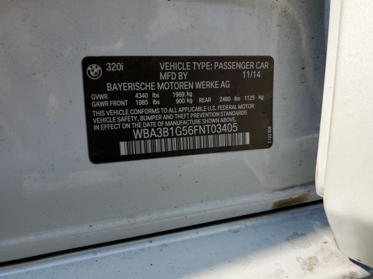 2015 BMW 320 I VIN: WBA3B1G56FNT03405 Lot: 64424205