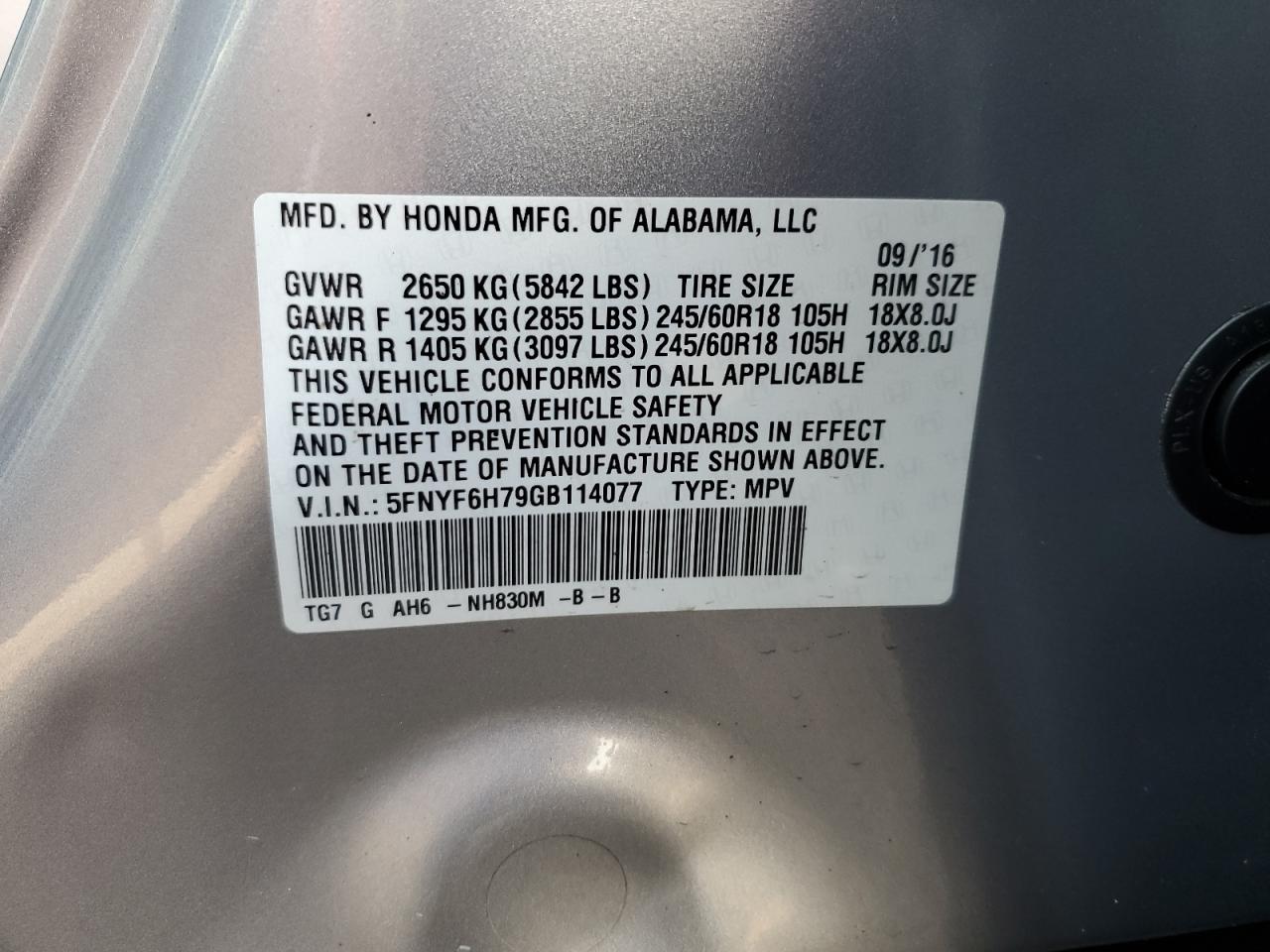 2016 Honda Pilot Exln VIN: 5FNYF6H79GB114077 Lot: 65153055