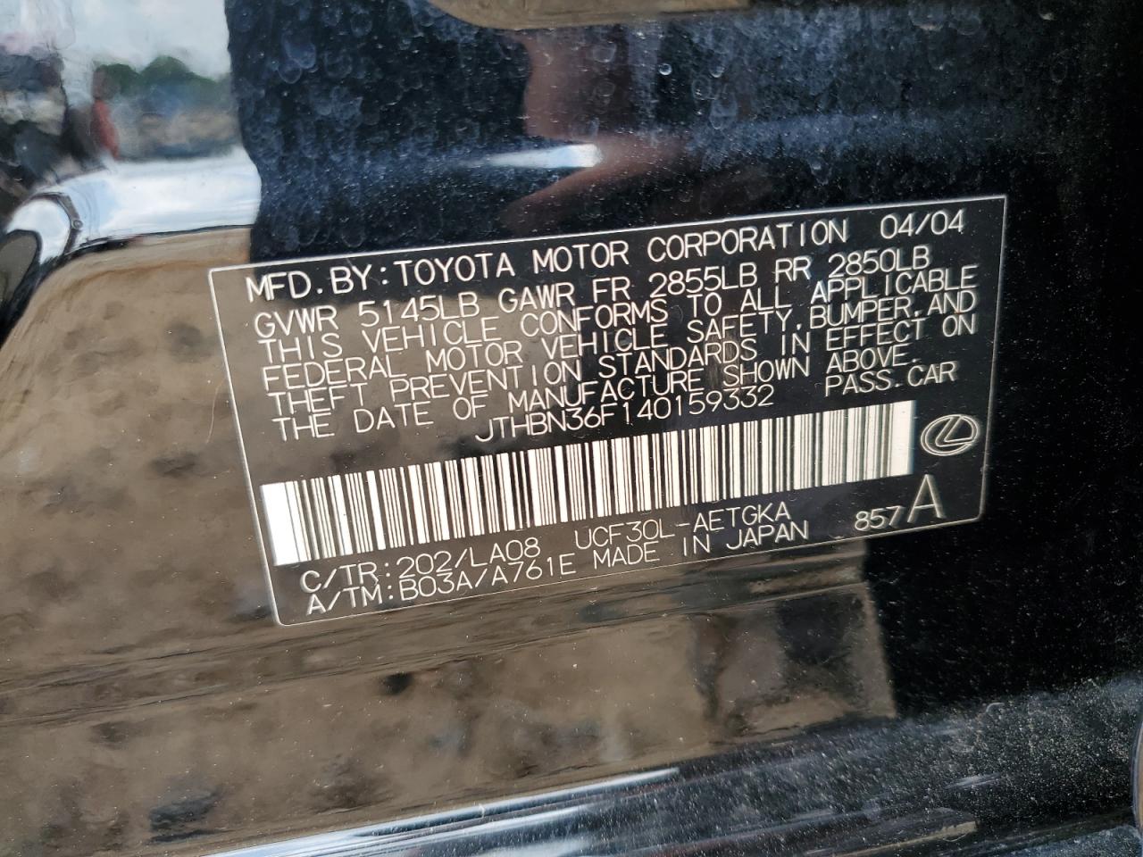 2004 Lexus Ls 430 VIN: JTHBN36F140159332 Lot: 64928815