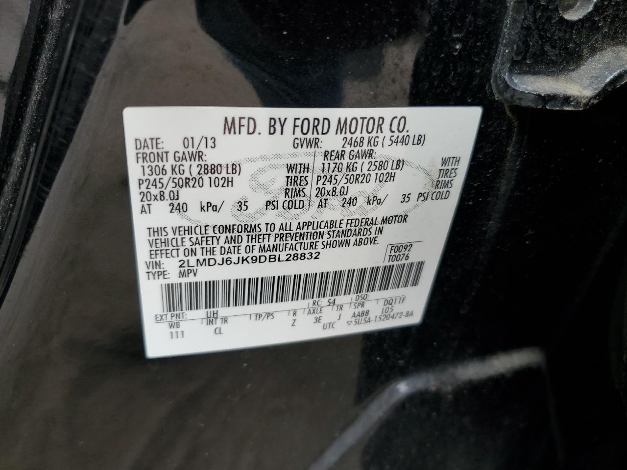 2013 Lincoln Mkx VIN: 2LMDJ6JK9DBL28832 Lot: 65249385