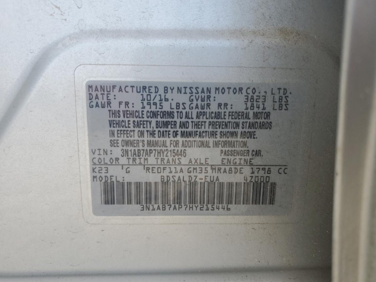 2017 Nissan Sentra S VIN: 3N1AB7AP7HY215446 Lot: 65185375