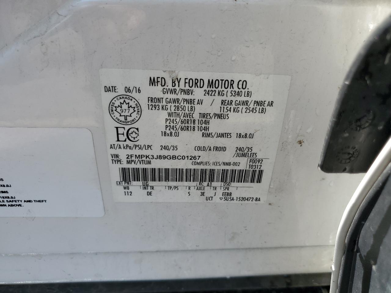 2016 Ford Edge Sel VIN: 2FMPK3J89GBC01267 Lot: 64478415