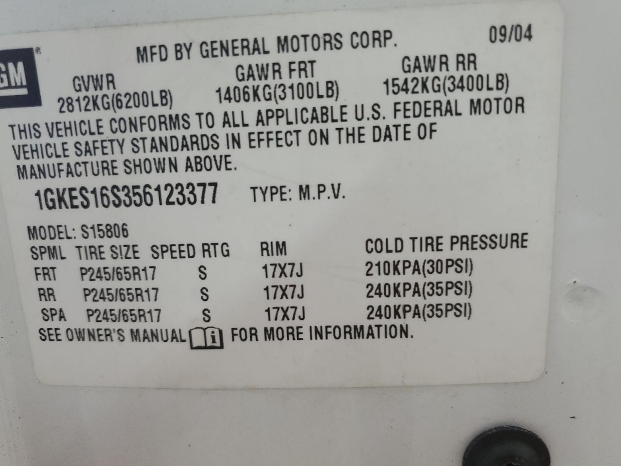 1gkes16s356123377 1GKES16S356123377 2005 GMC Envoy Xl