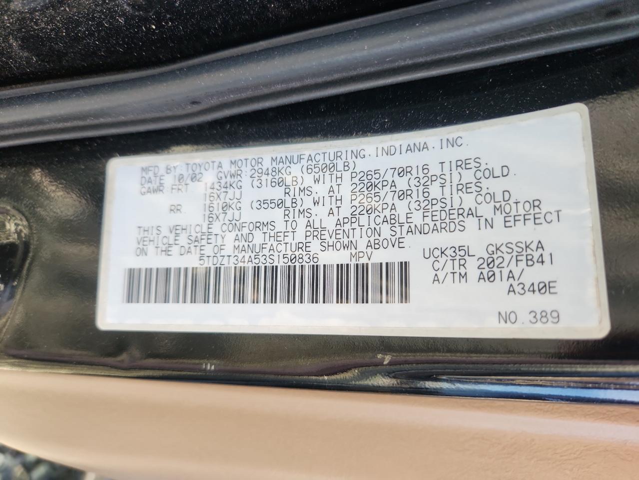 2003 Toyota Sequoia Sr5 VIN: 5TDZT34A53S150836 Lot: 65548215