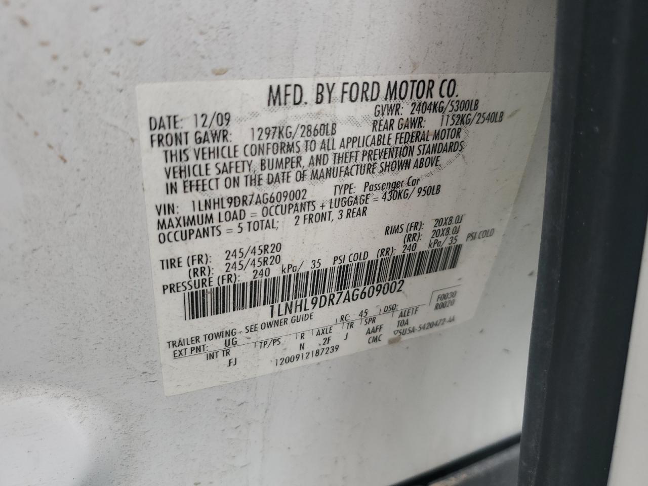 1LNHL9DR7AG609002 2010 Lincoln Mks