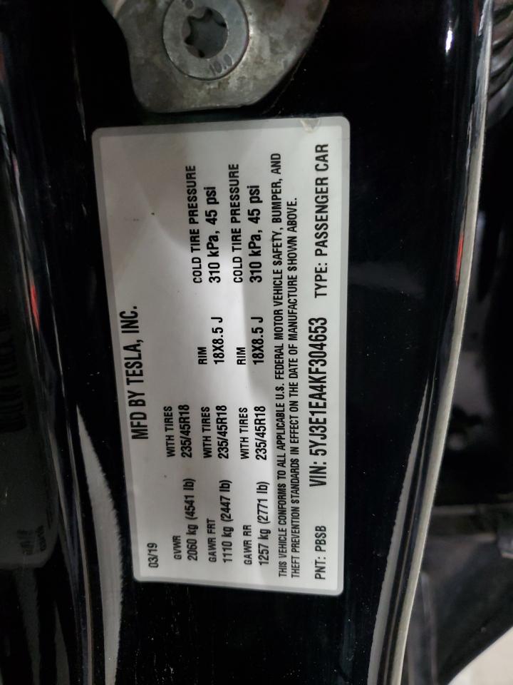2019 Tesla Model 3 VIN: 5YJ3E1EA4KF304653 Lot: 62392145