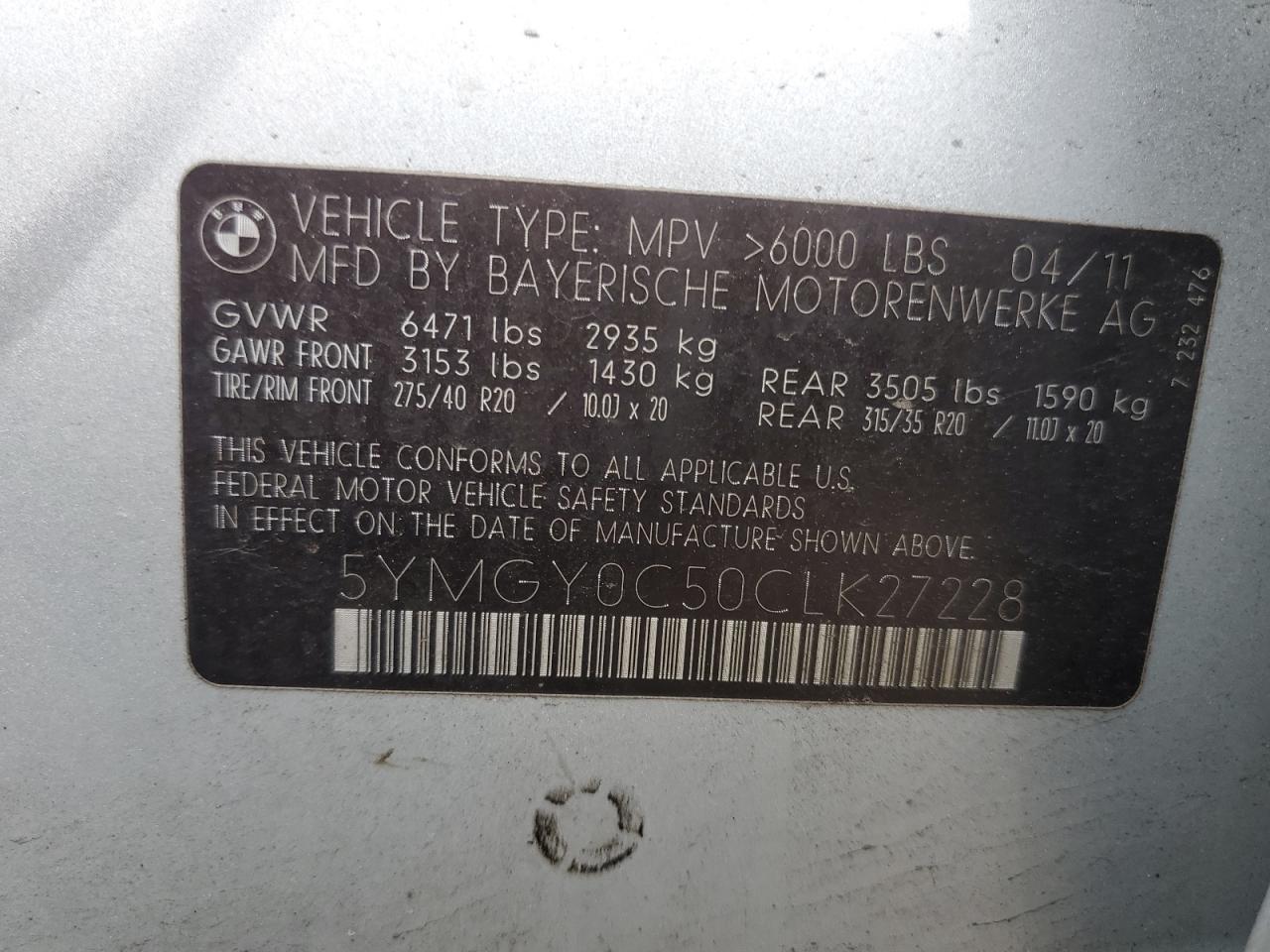 2012 BMW X5 M VIN: 5YMGY0C50CLK27228 Lot: 62652885