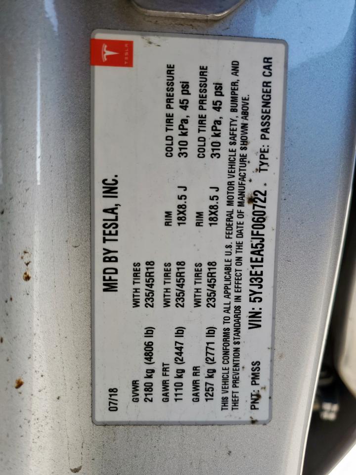 2018 Tesla Model 3 VIN: 5YJ3E1EA5JF060722 Lot: 63523245