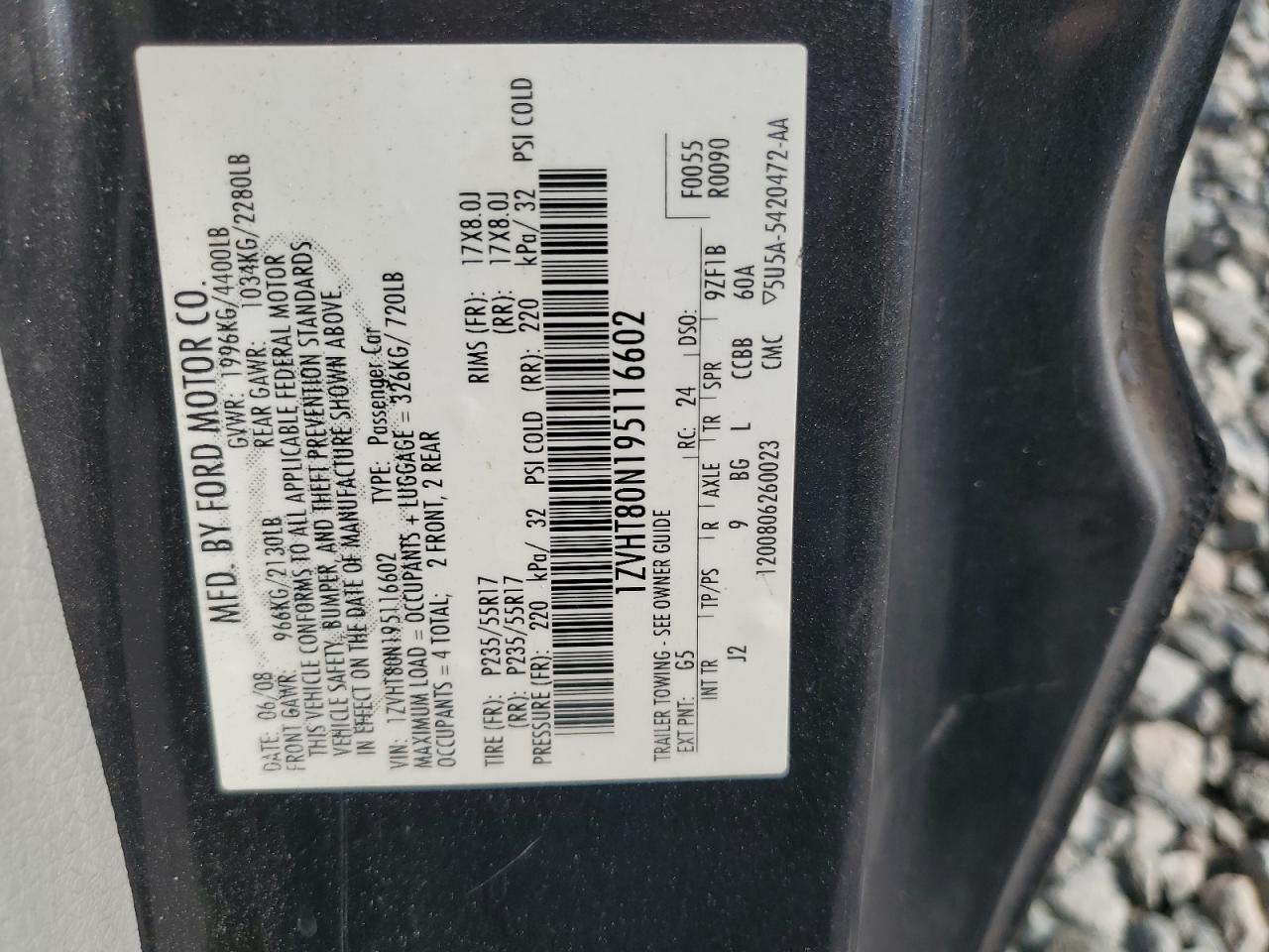 2009 Ford Mustang VIN: 1ZVHT80N195116602 Lot: 64443155