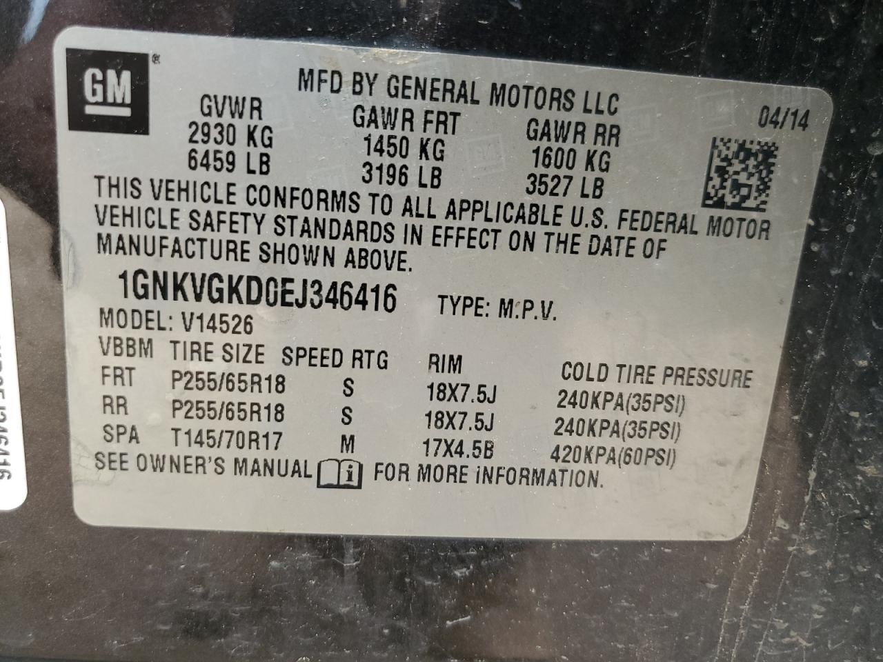 2014 Chevrolet Traverse Lt VIN: 1GNKVGKD0EJ346416 Lot: 67243955