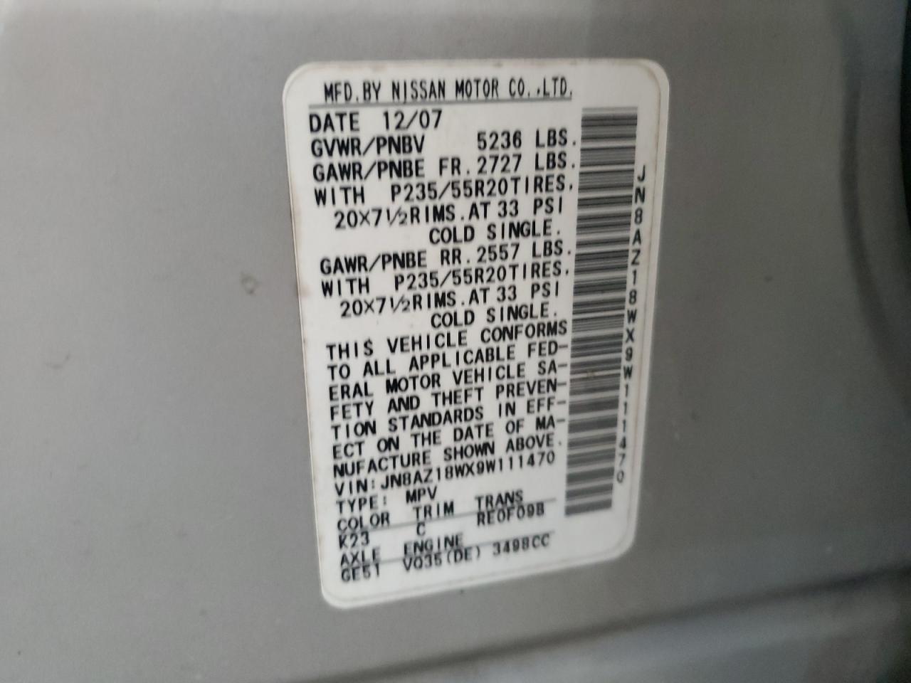 2009 Nissan Murano S VIN: JN8AZ18WX9W111470 Lot: 64664455