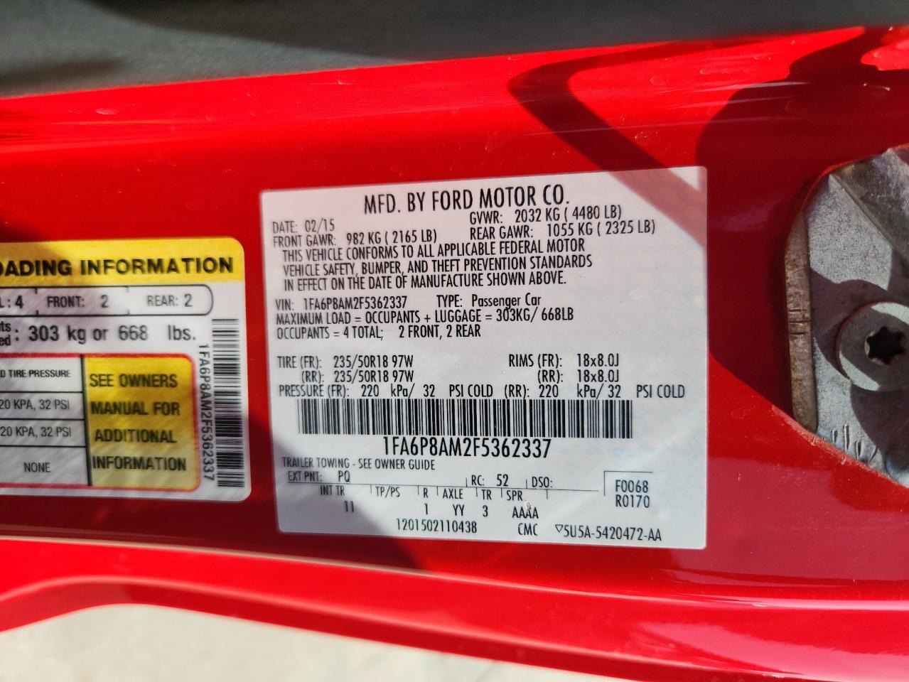 2015 Ford Mustang VIN: 1FA6P8AM2F5362337 Lot: 65013705