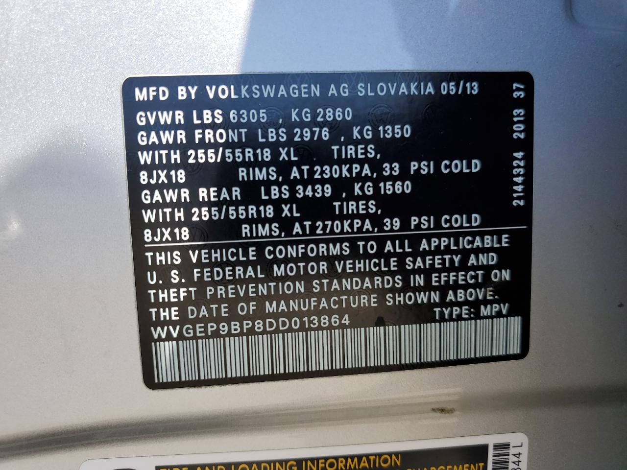 2013 Volkswagen Touareg V6 Tdi VIN: WVGEP9BP8DD013864 Lot: 64064095
