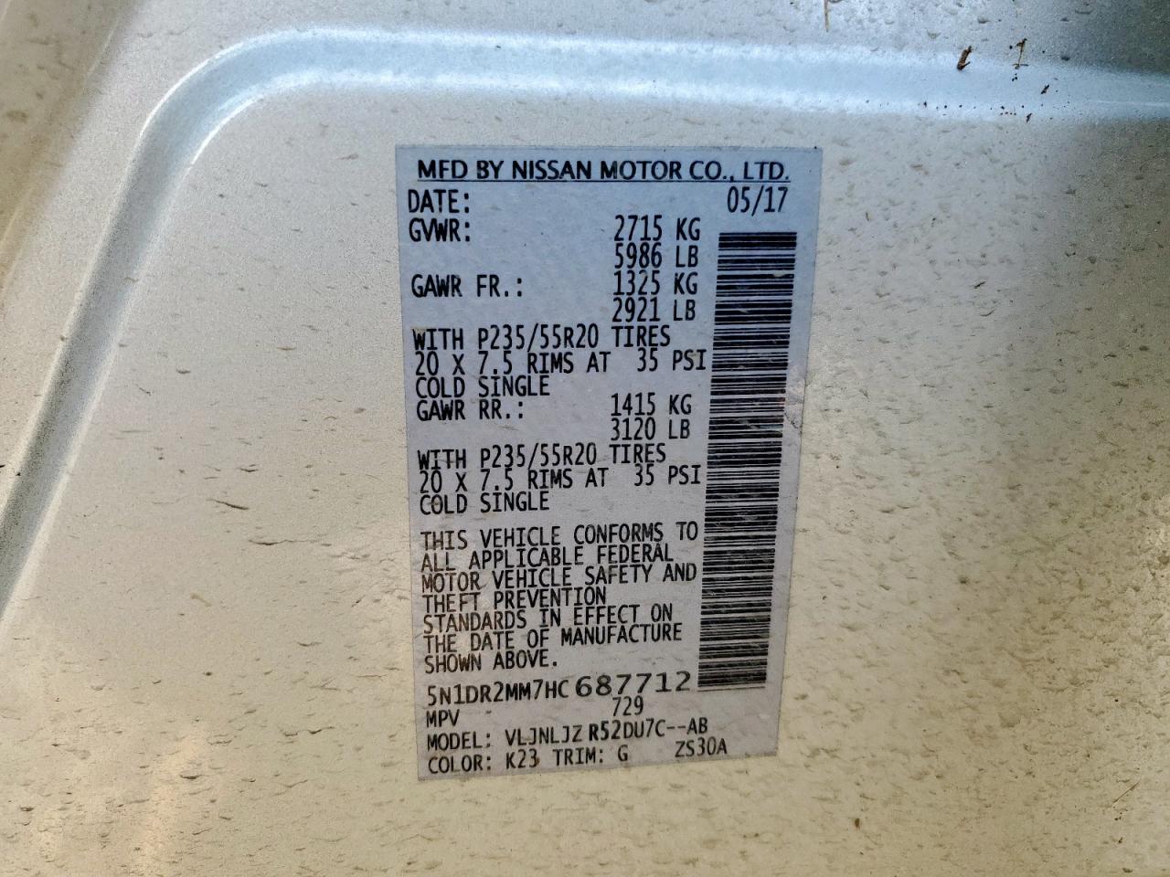 2017 Nissan Pathfinder S VIN: 5N1DR2MM7HC687712 Lot: 64902505