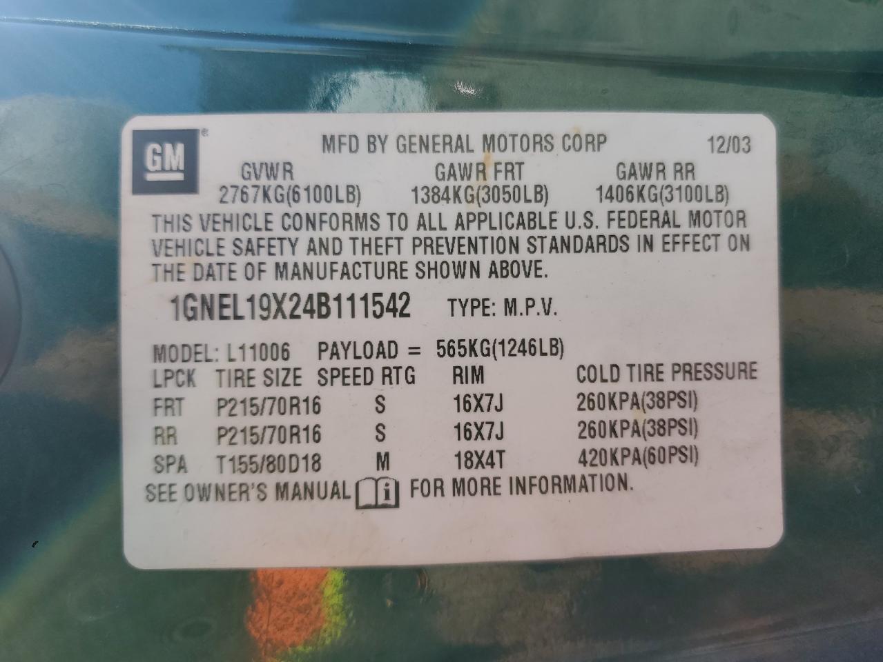 2004 Chevrolet Astro VIN: 1GNEL19X24B111542 Lot: 64989205