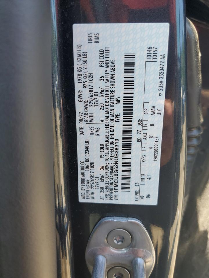 2022 Ford Escape Se VIN: 1FMCU0G62NUB38310 Lot: 63913215