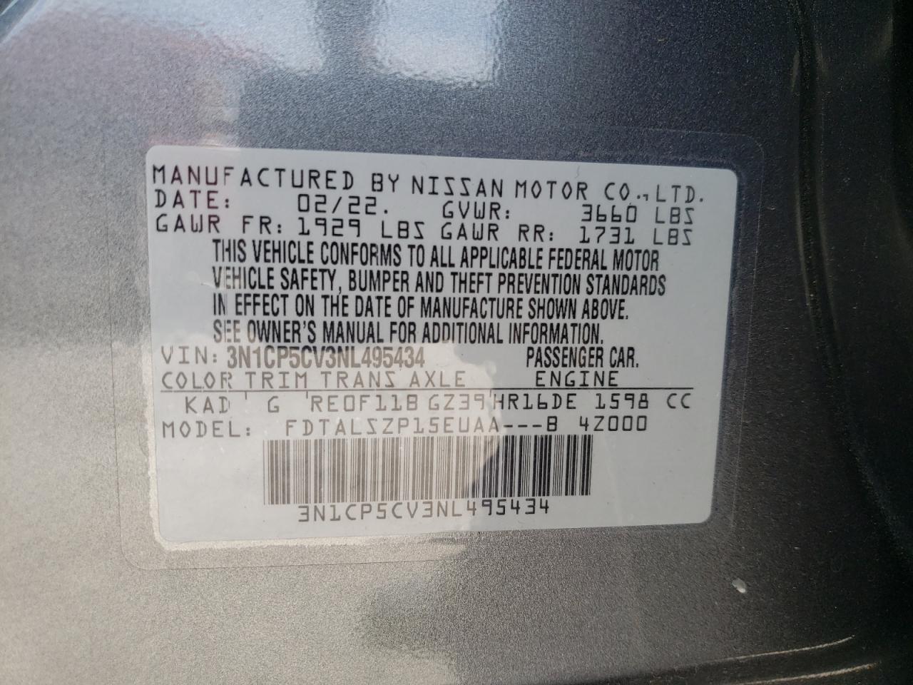 2022 Nissan Kicks Sv VIN: 3N1CP5CV3NL495434 Lot: 63096435