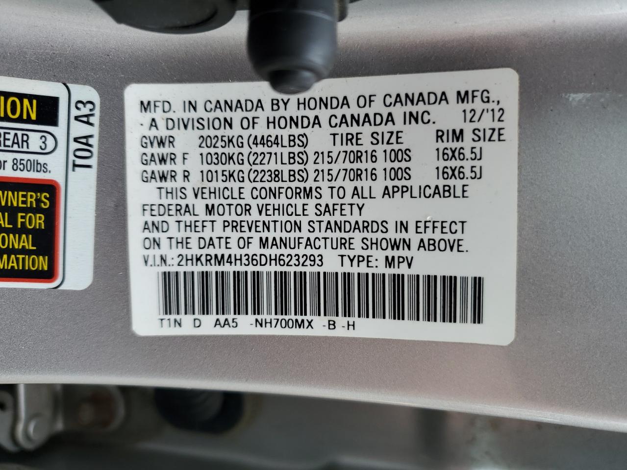 2013 Honda Cr-V Lx VIN: 2HKRM4H36DH623293 Lot: 64255815