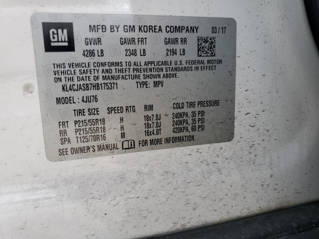 2017 Buick Encore Preferred VIN: KL4CJASB7HB175371 Lot: 67351695