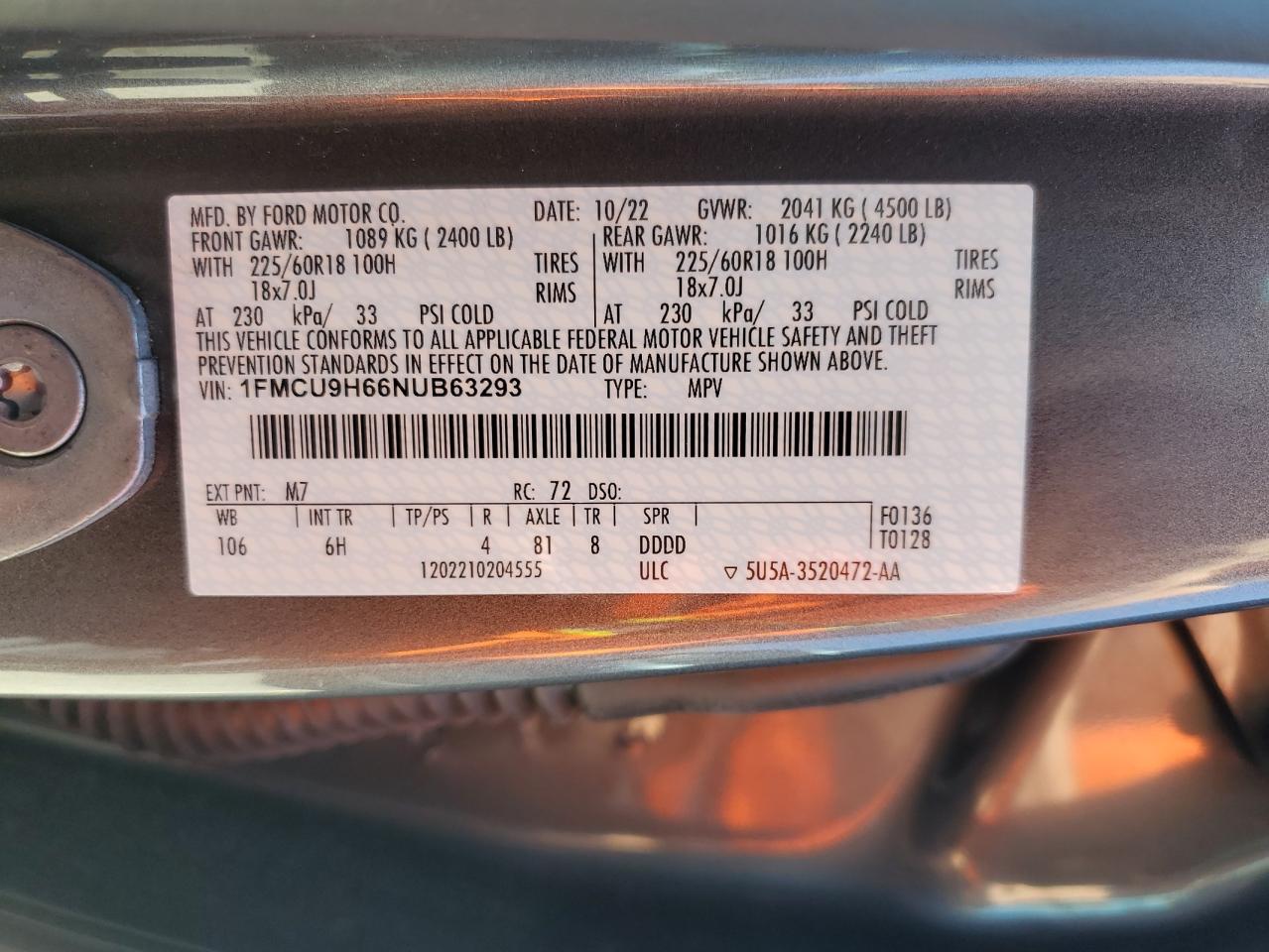 2022 Ford Escape Sel VIN: 1FMCU9H66NUB63293 Lot: 63510535