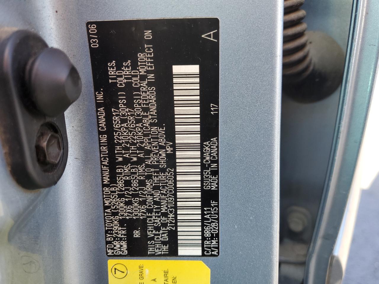 2007 Lexus Rx 350 VIN: 2T2HK31U97C006052 Lot: 66876785