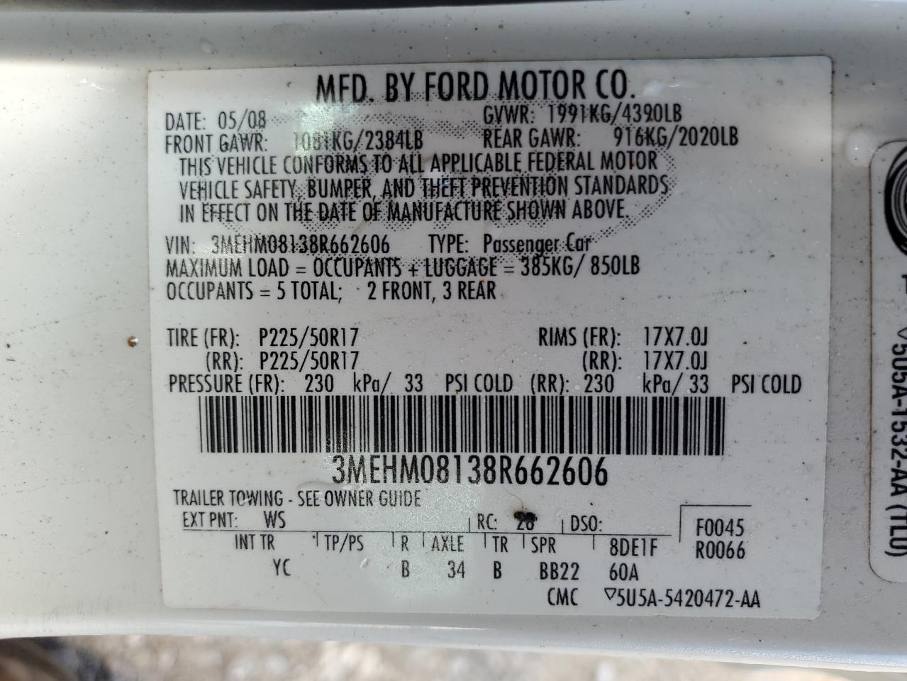 2008 Mercury Milan Premier VIN: 3MEHM08138R662606 Lot: 63443215