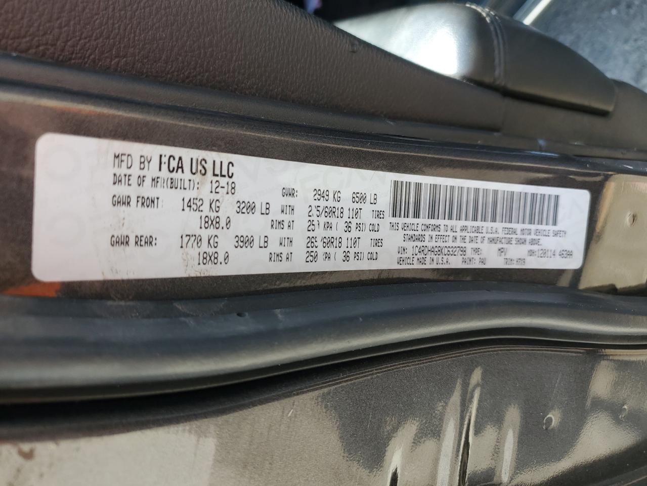 2019 Dodge Durango Sxt VIN: 1C4RDHAG8KC632798 Lot: 66673385