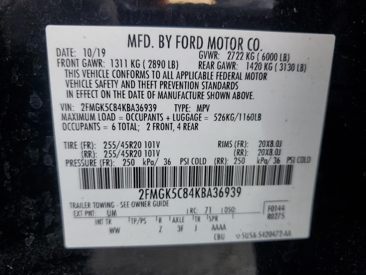 2019 Ford Flex Sel VIN: 2FMGK5C84KBA36939 Lot: 65273085