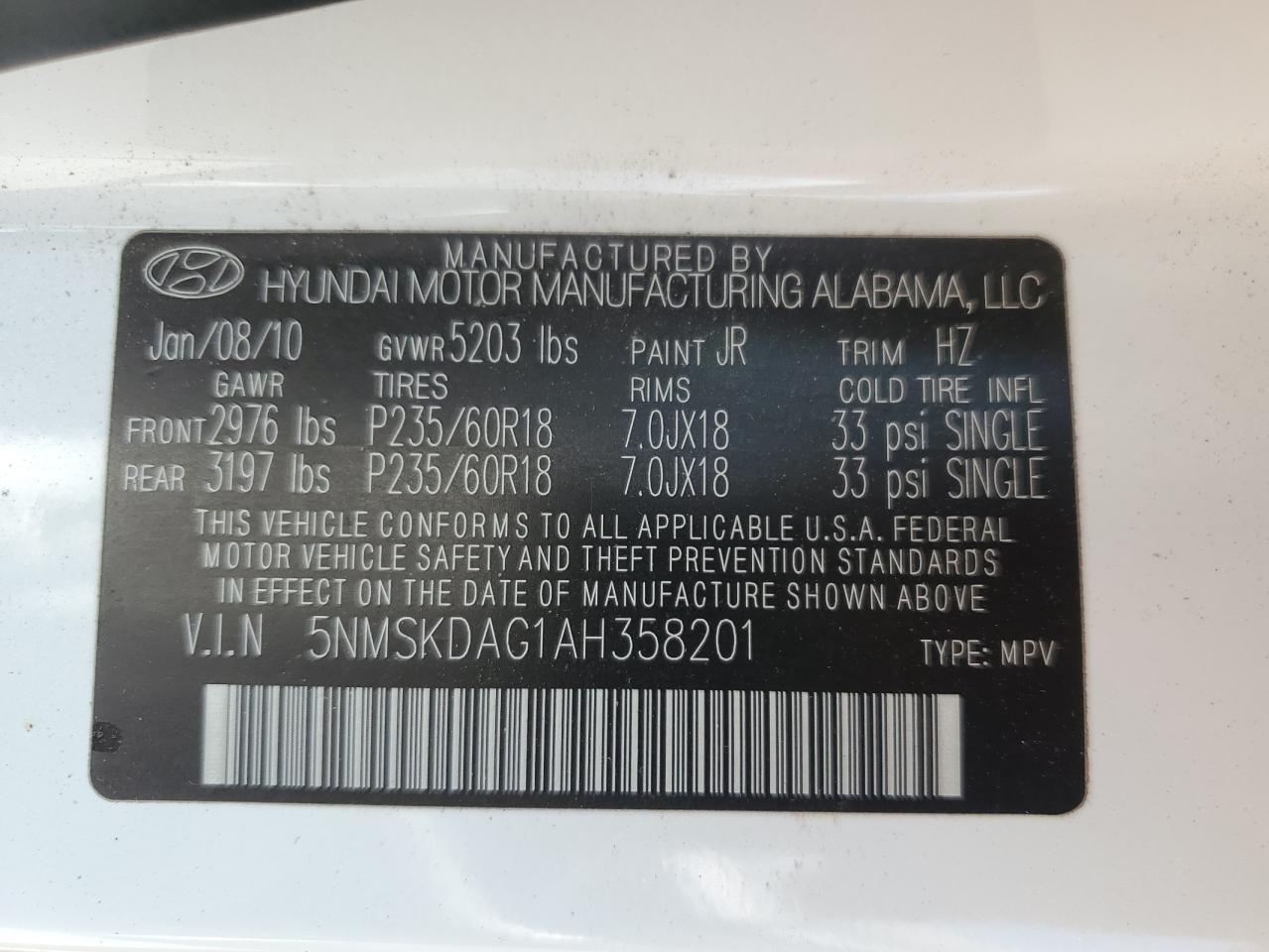 2010 Hyundai Santa Fe Limited VIN: 5NMSKDAG1AH358201 Lot: 64977195