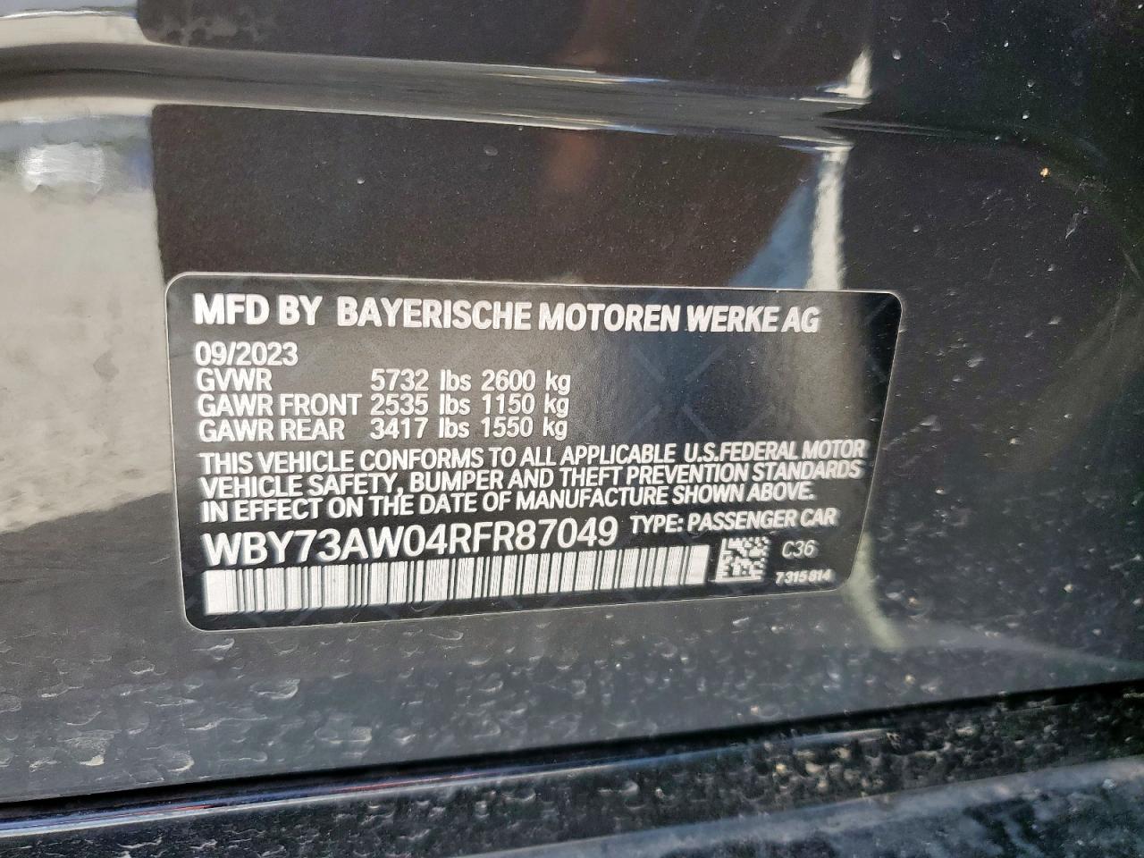 2024 BMW I4 Edrive 40 VIN: WBY73AW04RFR87049 Lot: 64822855