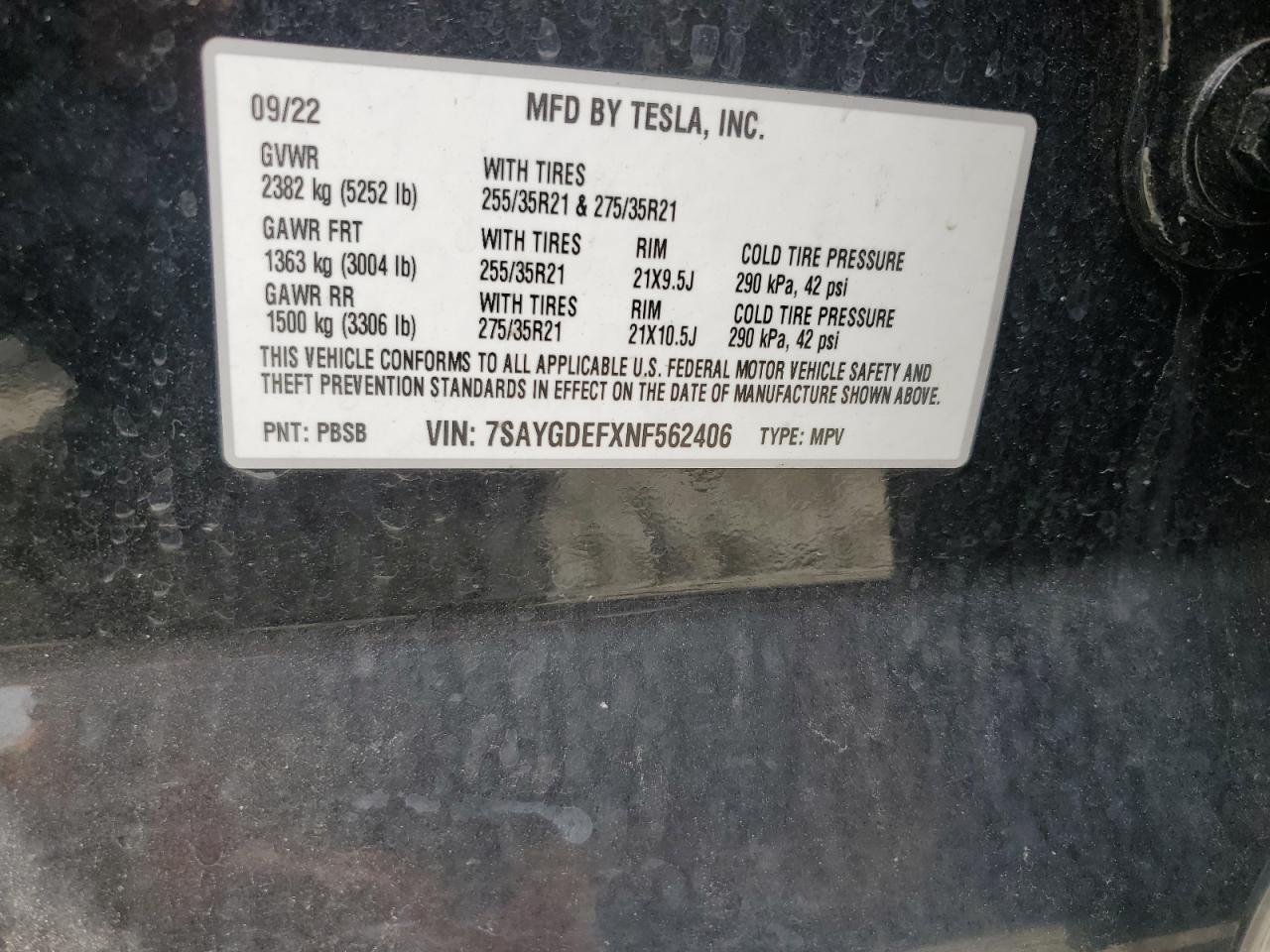 2022 Tesla Model Y VIN: 7SAYGDEFXNF562406 Lot: 65209025
