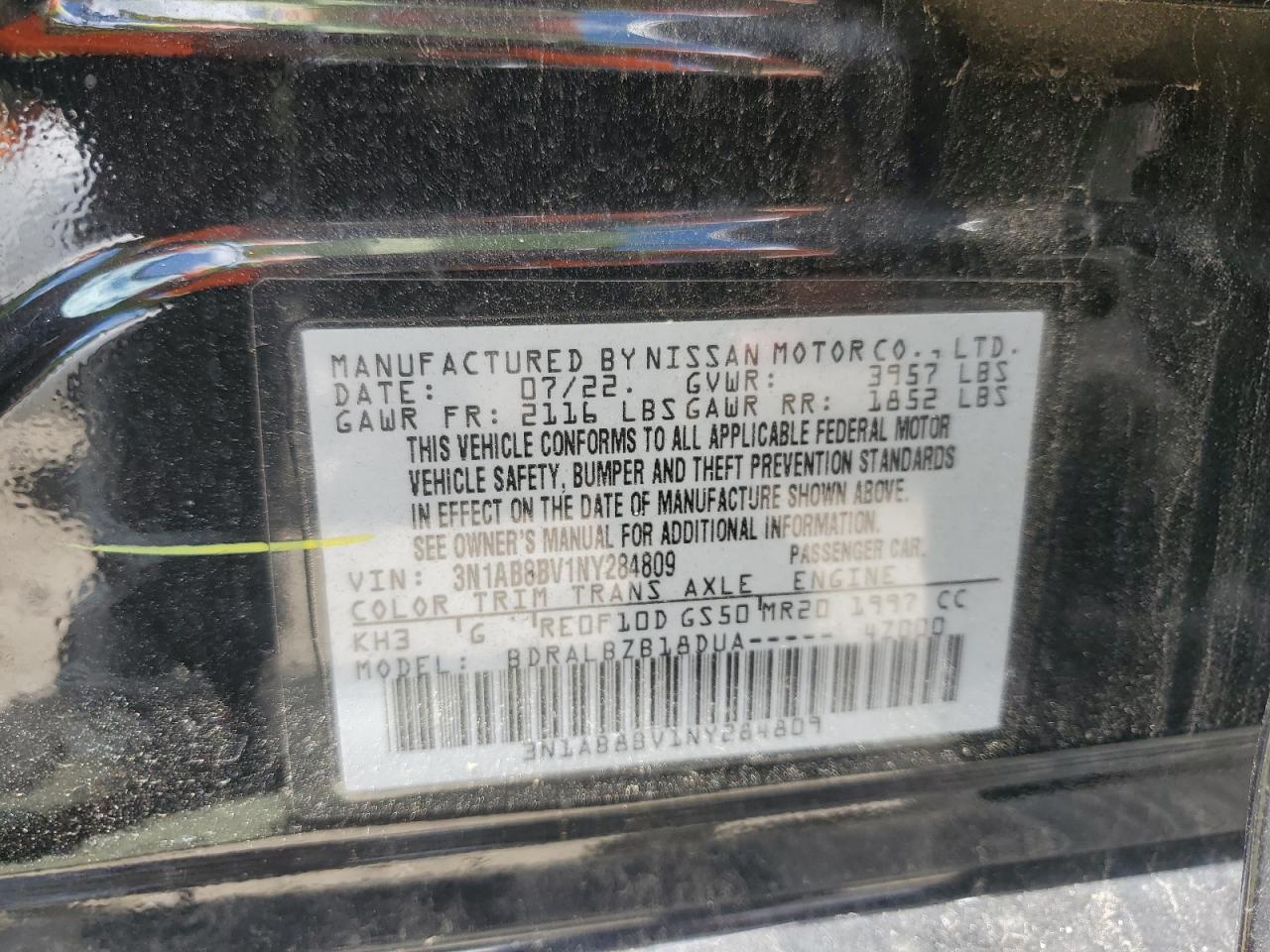 2022 Nissan Sentra S VIN: 3N1AB8BV1NY284809 Lot: 65415735