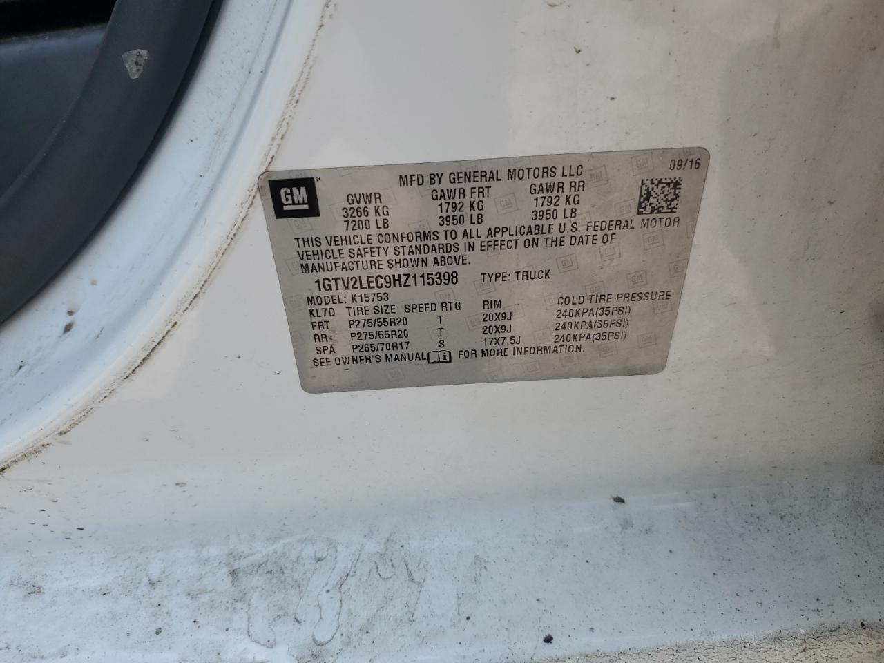 2017 GMC Sierra K1500 VIN: 1GTV2LEC9HZ115398 Lot: 64613955