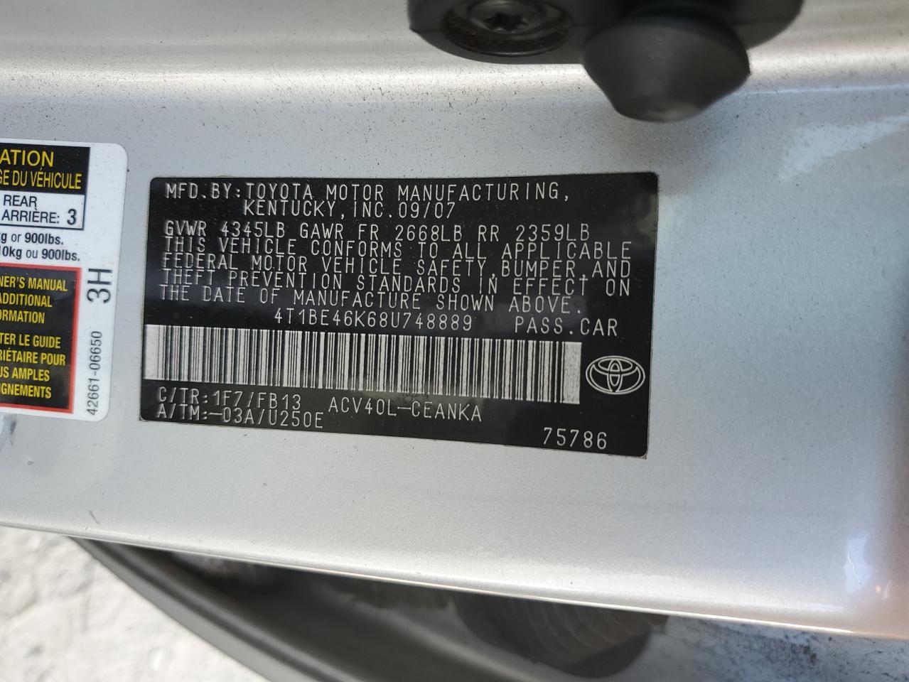 4T1BE46K68U748889 2008 Toyota Camry Ce