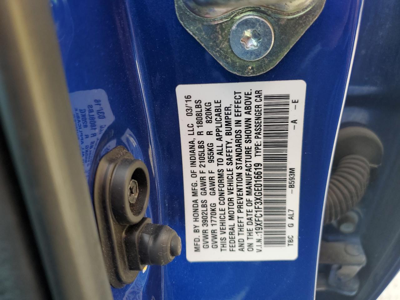 2016 Honda Civic Ex VIN: 19XFC1F3XGE016619 Lot: 66942255