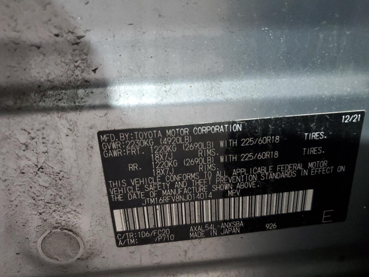 2022 Toyota Rav4 Se VIN: JTM16RFV8NJ014014 Lot: 64564905