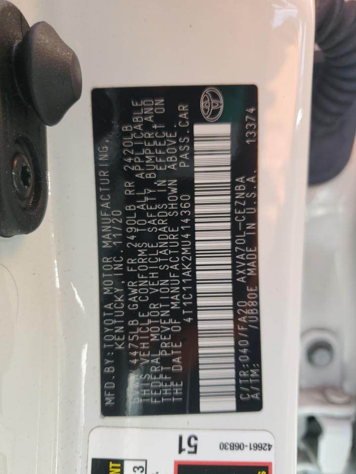 2021 Toyota Camry Le VIN: 4T1C11AK2MU414360 Lot: 64412275