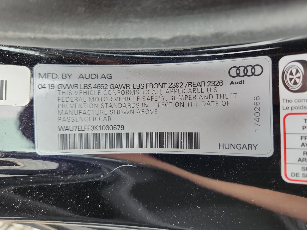 2019 Audi A3 Premium VIN: WAU7ELFF3K1030679 Lot: 62508685