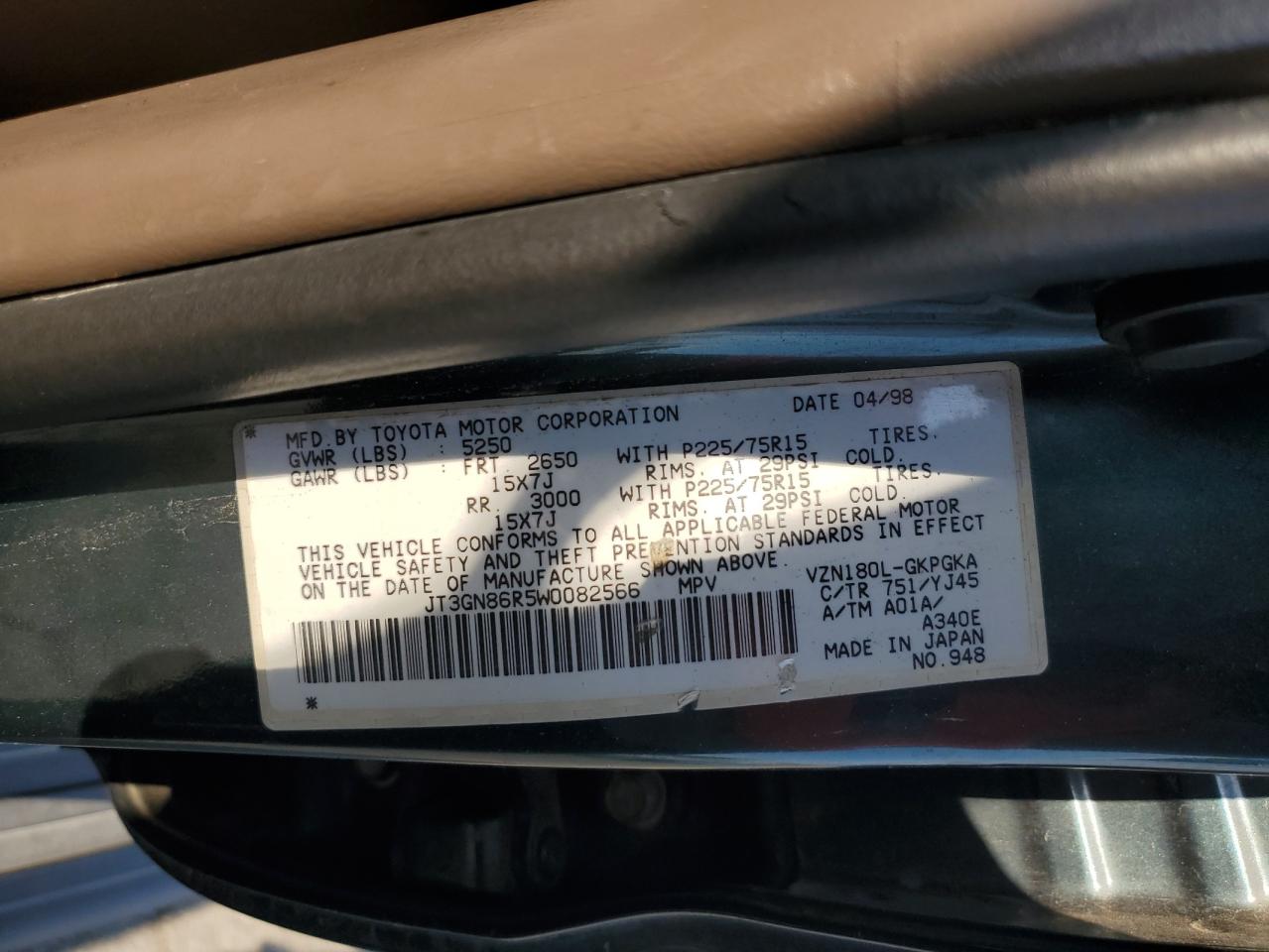 1998 Toyota 4Runner Sr5 VIN: JT3GN86R5W0082566 Lot: 65039655